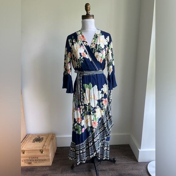 ANTHROPOLOGIE FARM RIO DE JANEIRO MIDNIGHT FLOWER WRAP DRESS SMALL - Picture 3 of 12